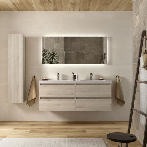 Meuble de salle de bain BEQUIA 140cm Naturel Vasque Toscana Charge minérale Centrale (1/4)
