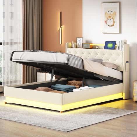 lit adulte rangement 140x200 LED USB beige moderne HAVRYA (1/5)