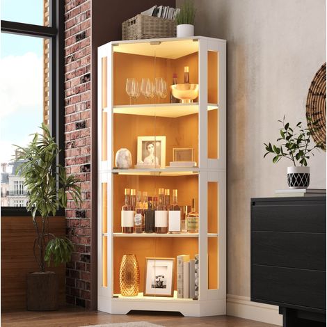 Vetrina contenitore 40x40x165 cm con illuminazione a LED RGB, 4 ante in vetro, ripiani regolabili, mobile da cucina in legno - bianco (1/5)