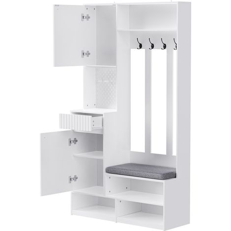 Recibidor con banco, 4 ganchos, armario y cajones, blanco, 100 x 180 x 35 cm (1/5)