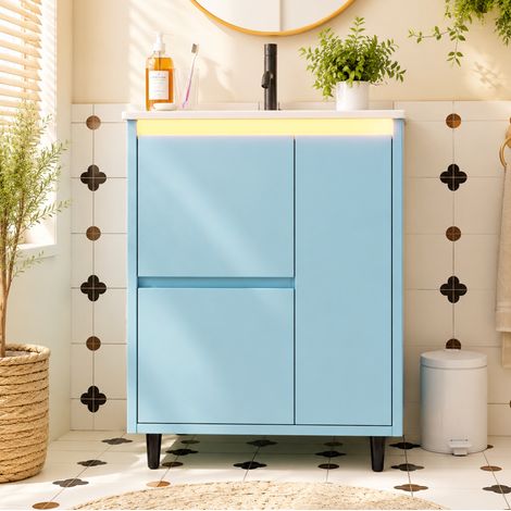 Mobiletto da bagno autoportante con 2 cassetti, 1 anta, 61x46,5x87 cm, lavabo in ceramica blu (1/5)