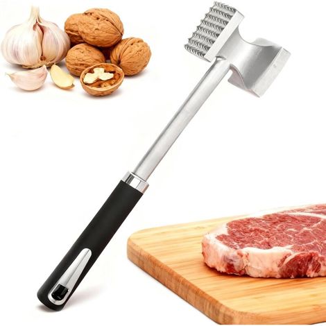 Attendrisseur à Viande en Acier Inoxydable, Marteau Double Face avec Picots et Surface Lisse, Manche Ergonomique Antiadhésif, Marteau à Attendrir pour Steak, Escalope et Volaille (1/5)