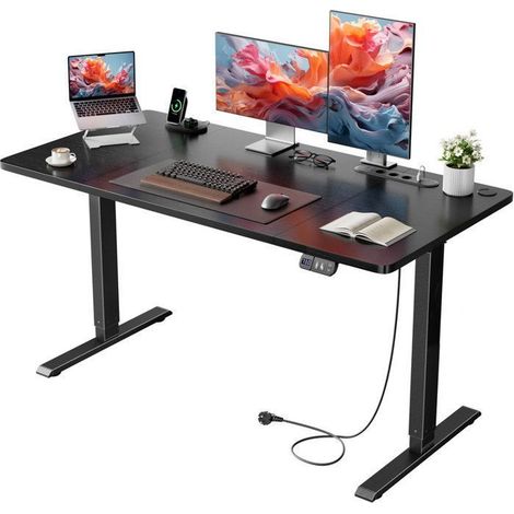 Escritorio EcoFurnix de altura ajustable eléctrica, 120 x 60 cm, altura ajustable 72-113 cm, con toma integrada y puerto USB, memoria, negro.