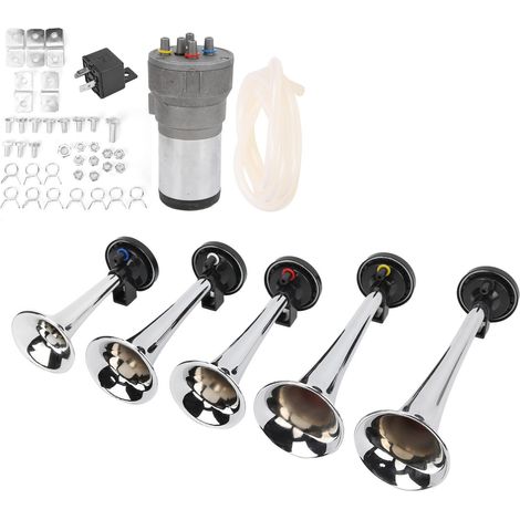 Ensemble de 5 trompettes pour voiture, 12 V avec compresseur, couleur chrome, de remplacement pour trains, bateaux et fourgonnettes (1/5)