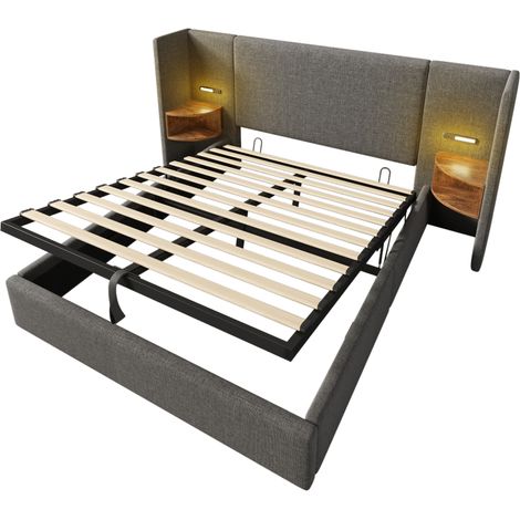 GagaLit rembourré 160x200 cm avec chevet, lampe, USB Type-C, gris (1/5)