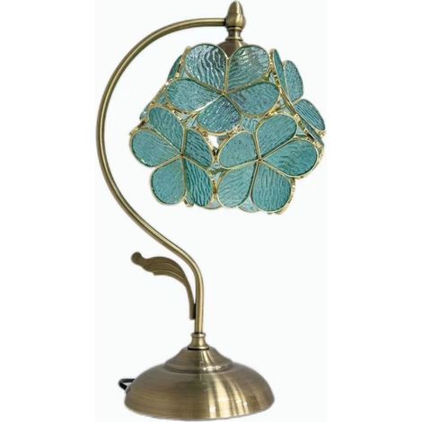 Lampe de table style Tiffany en vitrail, motif pétales de fleurs, base en laiton (1/5)