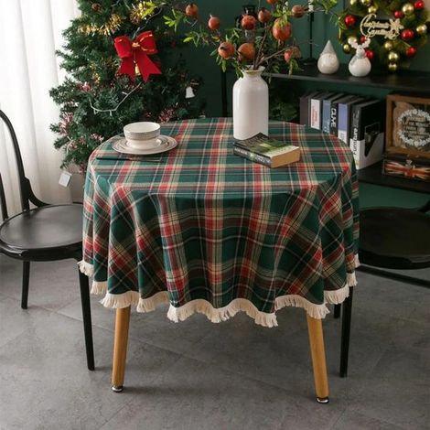 Mantel redondo a cuadros, 150150cm, Mantel redondo vintage, Mantel a cuadros, Mantel redondo con borlas, comedor, cena festiva de boda, Verde (1/5)