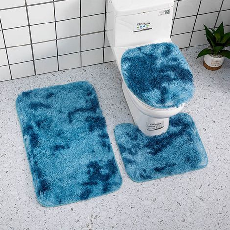 Tapis De Salle De Bain - 3 Pièces - Chenille Épaisse - Anti-dérapant PVC - Absorbant - Pour Salle De Bain Cuisine Chambre Entrée - Bleu Charcoal (1/5)
