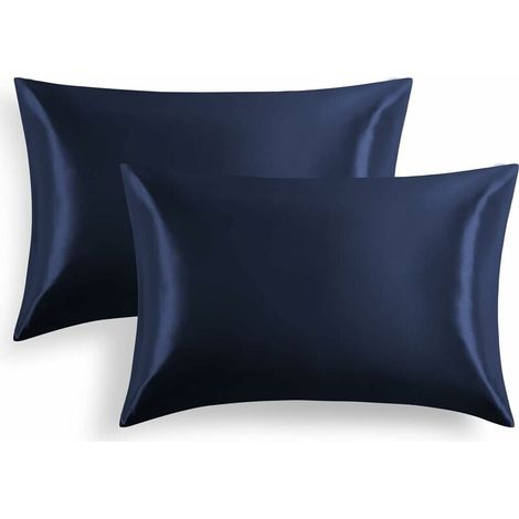 Taie D Oreiller Satin - 50 x 70 cm - Fermeture Enveloppe - Bleu Marine - Lot De 2