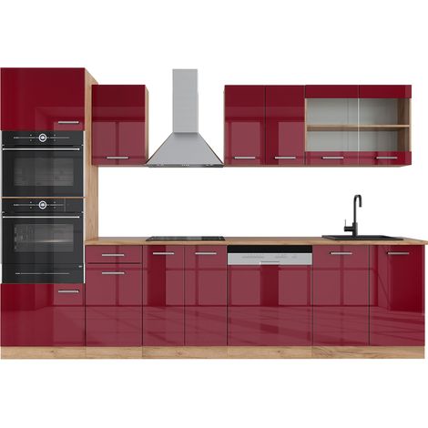 Küchenzeile R-Line, Bordeaux Hochglanz/Goldkraft Eiche, 300 cm mit Hochschrank, AP Eiche, Vicco