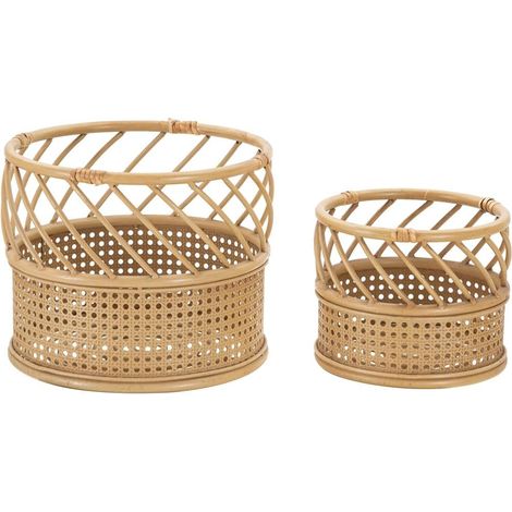 Set aus 2 runden Pflanzenständern aus Metall und Rattan Panama