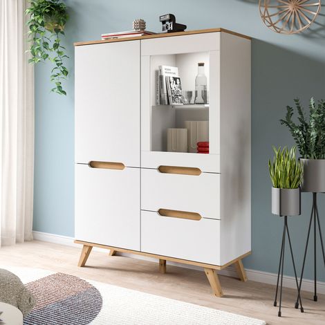 Buffet haut 3 portes 2 tiroirs 185x40x95cm décor blanc - VIKATA