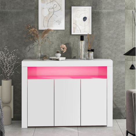 Aparador con LED de 3 puertas, 130 x 35 x 95 cm, blanco, OKMYHOME (1/5)