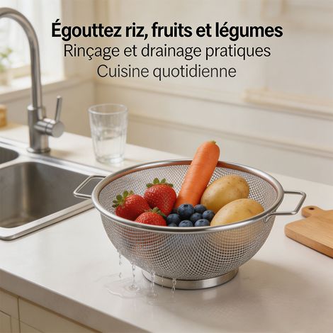 Panier égouttoir en métal inox à deux poignées, corbeille de lavage pour légumes, fruits et salade, dimensions 17,7 x 22 x 7,5 cm - Argenté (1/5)