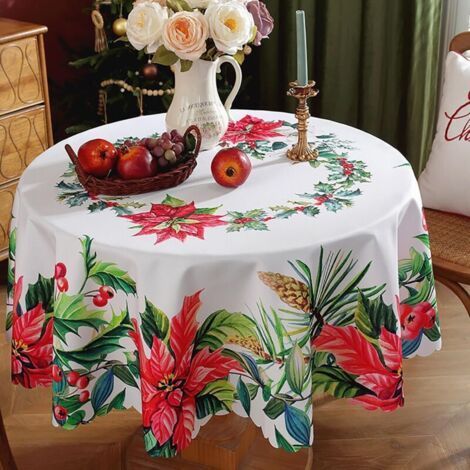 59 inch Round Christmas Tablecloth, Stain Resistant and Washable, Large Winter Decorative Tablecloth for Christmas, Party, Buffet, Festive Dinner (1/5)