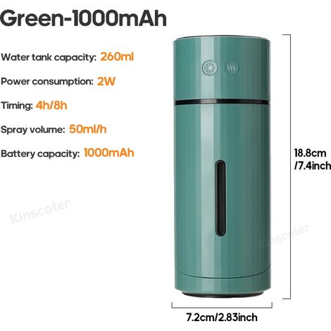 Humidificateur d'air sans fil (vert) de 260 ml avec diffuseur d'arômes USB et batterie rechargeable de 1000 mAh. (1/4)