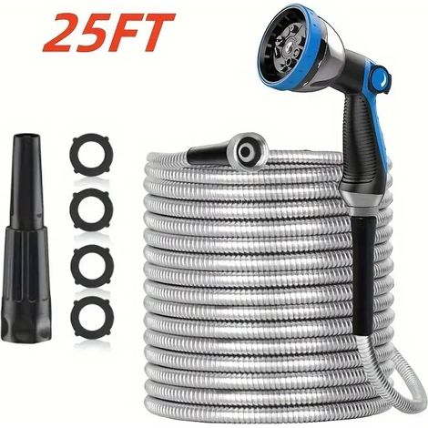 25-foot 304 Stainless Steel Garden Hose, Hose Connector, Garden Water Hose Extender, Metal Material, Heavy Duty Hose, with Sprayer, Suitable for Patio and Outdoors - Flexible and Durable, Knot-Free an (1/3)
