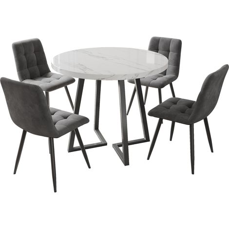 Table ronde 80 cm MDF blanc avec pieds métal noir + 4 chaises velours gris foncé, lot de 5 meubles pour salle à manger