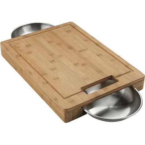 Napoleon – Planche à découper en bambou 49 x 35 cm avec 2 bols inox – Rigole pour jus – Conçue pour découpe précise et facile