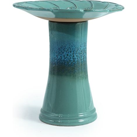 Bagno per uccelli in ceramica smaltata turchese con rilievo a foglie Ø43 cm H45 cm (1/5)