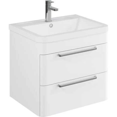 Balterley Calwich Contemporary Bathroom Wall Hung Vanity Unit with 2 Soft Close Drawers & 1 Tap Hole Ceramic Basin, Gloss White, 600mm (1/4)