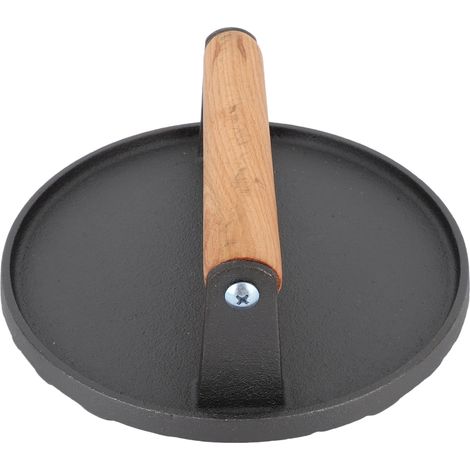 Presse à bacon en fonte avec poignée bois, fond strié pour steaks, burgers, grils, sandwichs, BBQ et légumes, rond (1/5)