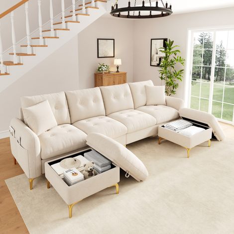 Divano letto modulare 4 posti a U in ciniglia con 2 pouf contenitore beige (1/5)