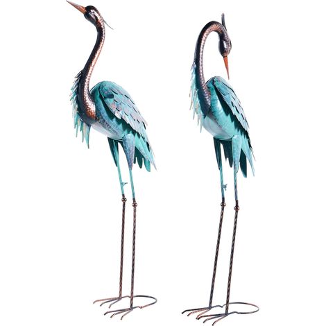 Lot de 2 Sculptures d'Oiseaux en Fer Forgé Fait Main Forme Héron sur Pied Bleu Malolos (1/5)