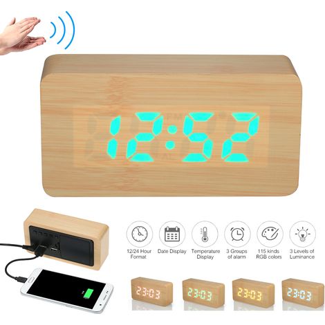 Digitaler Wecker mit USB-/Batteriebetrieb, 115-farbigem RGB-LED-Display, Anzeige von Uhrzeit, Temperatur und Datum, 3 Helligkeitsstufen, Sprachsteuerung, Schlummerfunktion und zwei USB-Anschlüssen – N (1/5)