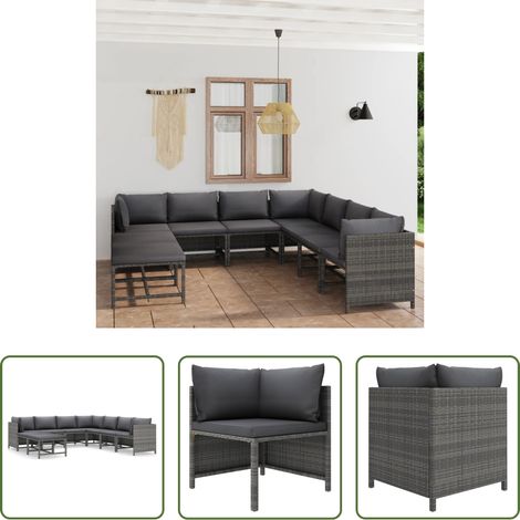 vidaXL Garten Lounge Set -  9-tlg. Garten-Lounge-Set mit Kissen Poly Rattan Grau (1/5)