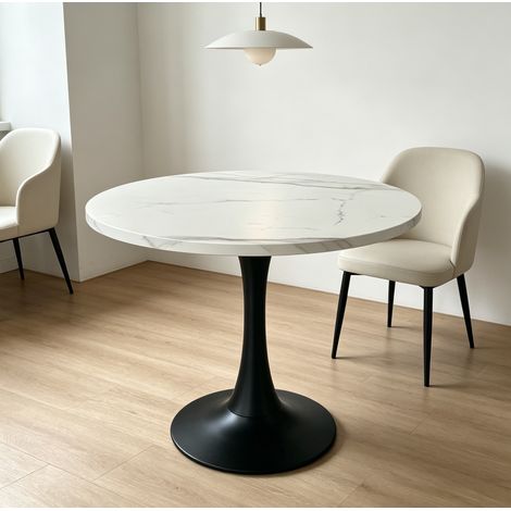 Runder Esstisch 80 cm Weiß und Schwarz aus MDF und Metall mit Marmormuster und stabilem Mittelfuß (1/5)