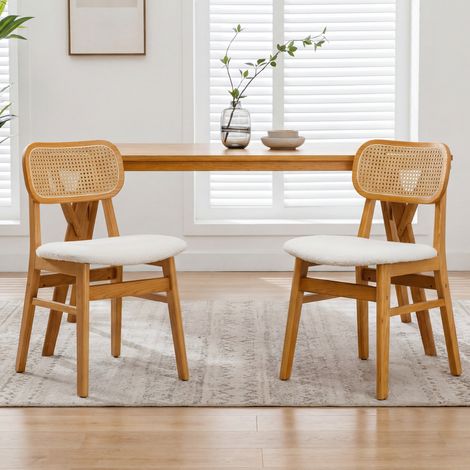 Wahson Esszimmerstühle 2er Set Kunstfell Küchenstühle, Rattan Polsterstuhl mit Rückenlehne für Esszimmer/Wohnzimmer/Küche, Beige