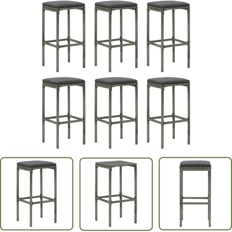 The Living Store Barhocker mit Kissen 6 Stk. Grau Poly Rattan - Barhocker - Set Von 6 - Grau - Polyrattan - Gartenmöbeln (1/5)