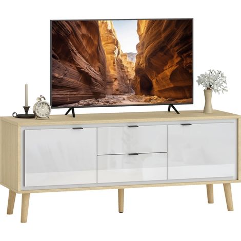Meuble TV moderne avec 2 portes, 2 tiroirs, niches et étagères coulissantes, 120 x 35 x 50 cm, blanc brillant et chêne (1/5)