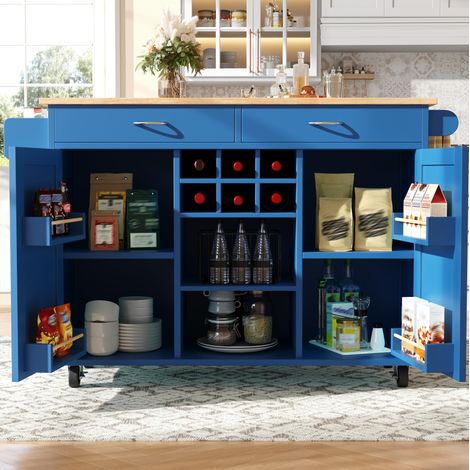 Isla de cocina 102x45x92 cm azul en MDF y metal con ruedas, botellero y almacenamiento ajustable (1/5)