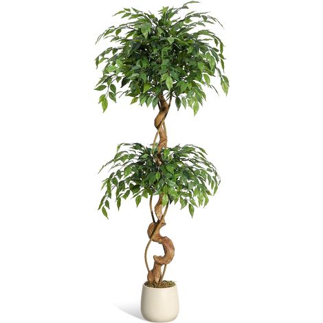 Ficus artificiel grand 150×cm tronc courbé plante interieur sans entretien pot en ciment solide decoration salon bureau verdure naturelle. (1/5)