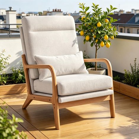 Fauteuil de salon, chaise en lin avec grand siège, support lombaire, dossier haut, crème (1/5)