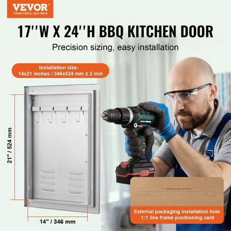Porte d'Accès pour Barbecue, Simple Porte de Cuisine Extérieure 610 x 431 x 45 mm, Porte Encastrée en Inox, avec Poignées, Aérations et Crochets, pour Îlot de Barbecue, Station de Grillades (1/5)