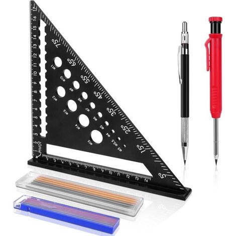 Enowelir Équerre Menuisier 5 en 1 avec Crayon Chantier et Marqueur de Trou Profond 180mm Haute Précision pour Charpentier et Ingénieur (1/4)