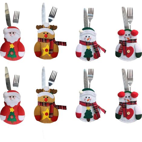 Lot de 8 porte-couverts de Noël avec motif Père Noël, élan, bonhomme de neige, pour décoration de table de Noël (1/5)