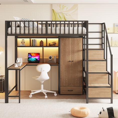 Lit mezzanine métal 140 x 200 cm noir bureau LED, prises USB-C échelle rangement armoire avec tiroirs étagères et garde-corps (1/5)