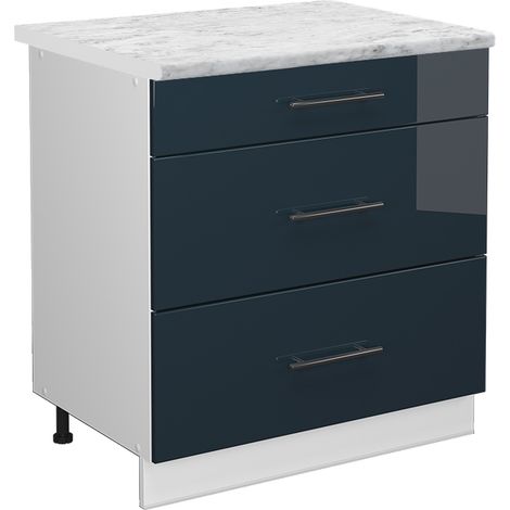 Armoires de cuisine Fame-Line, Bleu foncé brillant, 80cm avec 3 tiroirs, PT Marbre, Vicco (1/5)