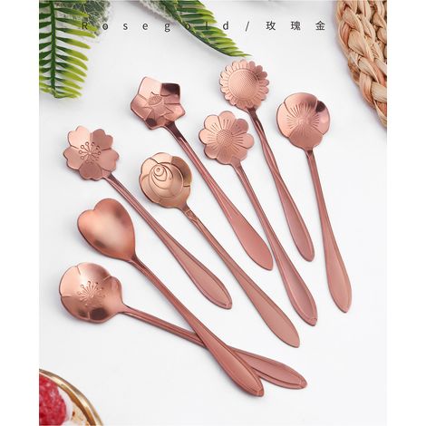 Juego de 8 cucharas con forma de flor, cuchara de café de acero inoxidable, vajilla creativa, cuchara para mezclar, cuchara para azúcar, cuchara para helado, 12,5 cm (oro rosa) (1/4)
