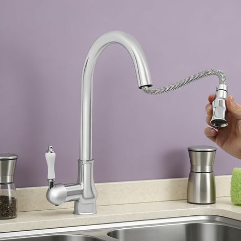 Vintage Wasserhahn Küchenarmatur mit Brause Ausziehbar, 360°Schwenkbar, Edelstahl Einlochmontage Spültischarmatur mit Hohe Bogenauslauf (Silber) (1/5)