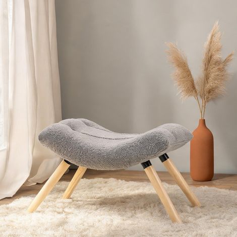 Pouf gris clair en tissu Berber avec piètement bois en polyester (1/5)