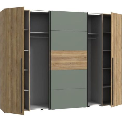 Armoire de chambre 2 portes battantes et 2 portes coulissantes – Chêne Mauvella et sauge – Dimensions 270,3 x 61,2 x 210,5 cm – Forte Möbel