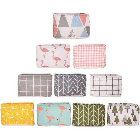10 paquets Petit Panier de Rangement Pliable en Lin et tissu avec Poignées ​et Doublure Hydrofuge, pour Étagères et Bureau, Jouets, Llivres ou Maquillage. (1/5)