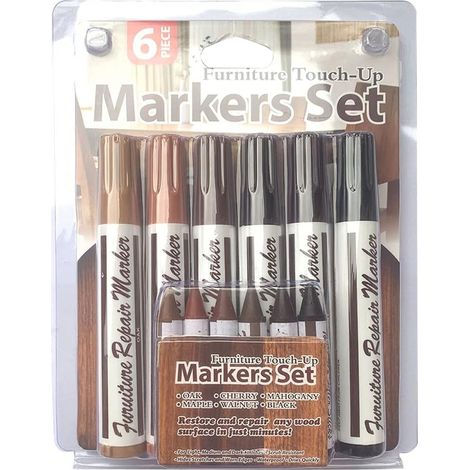 Lot de 6 marqueurs de retouche pour meubles avec 6 bâtons de cire, 6 couleurs uniques chêne/cerise/acajou/érable/noyer/noir (1/5)