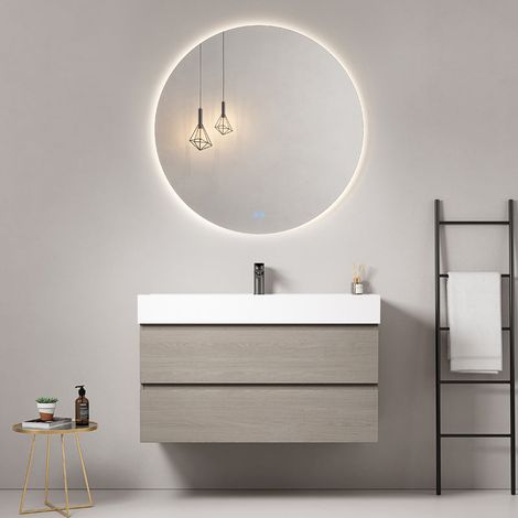 Mobile bagno sospeso 100 cm Beige Lavabo in Resina Specchio Tondo Retroilluminato - Fiji Wood
