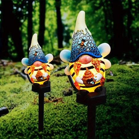 Lampe solaire à lumière chaude de jardin, décoration de paysage éclairage LED d'extérieur, lutin de Noël pour pelouse, en forme d'abeille - 2 pièce (1/5)
